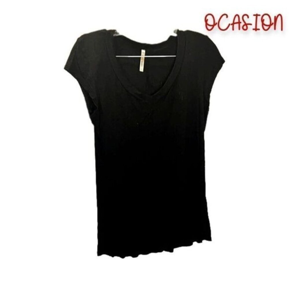 Ocasion Women's V Neck Cap Sleeve Tee Casual Black Loose Shirts Basic Tops